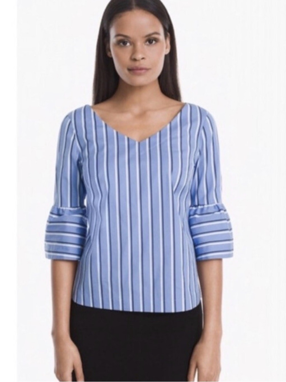 White House Black Market Emma striped V-neck blue blouse with bell 3/4 sleeves